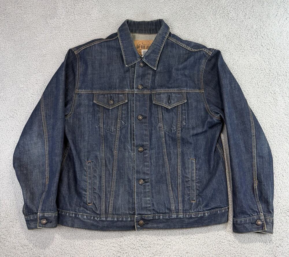 Vtg 2000 GAP BLUE JEANS Denim Trucker Jacket World Standard Dark Wash Men XL